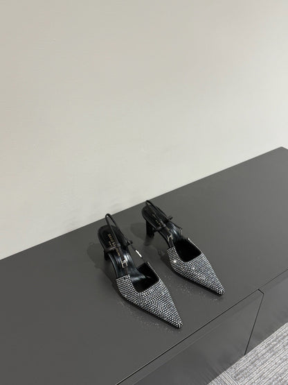LOUIS VUITTON HIGH SLINGBACKS POINTED-TOE IN BLACK LAMBSKIN WITH SILVER CRYSTALS