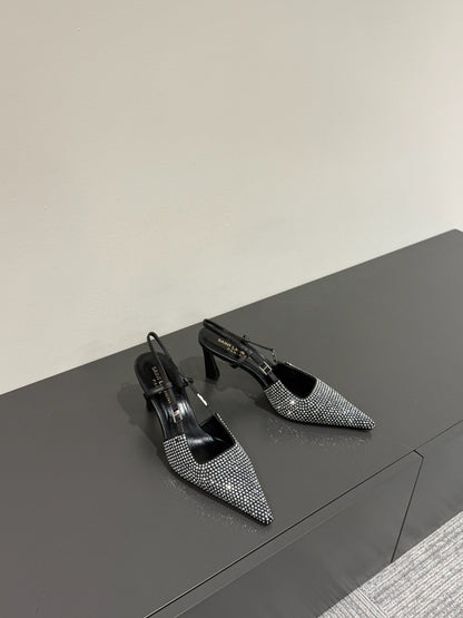 LOUIS VUITTON HIGH SLINGBACKS POINTED-TOE IN BLACK LAMBSKIN WITH SILVER CRYSTALS