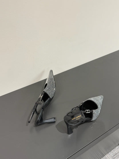 LOUIS VUITTON HIGH SLINGBACKS POINTED-TOE IN BLACK LAMBSKIN WITH SILVER CRYSTALS