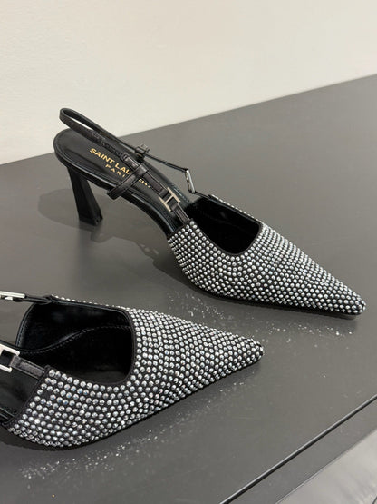 LOUIS VUITTON HIGH SLINGBACKS POINTED-TOE IN BLACK LAMBSKIN WITH SILVER CRYSTALS