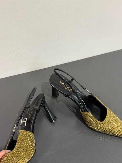 LOUIS VUITTON HIGH SLINGBACKS POINTED-TOE IN METALLIC GOLD LAMBSKIN WITH CRYSTALS