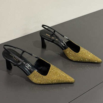 LOUIS VUITTON HIGH SLINGBACKS POINTED-TOE IN METALLIC GOLD LAMBSKIN WITH CRYSTALS