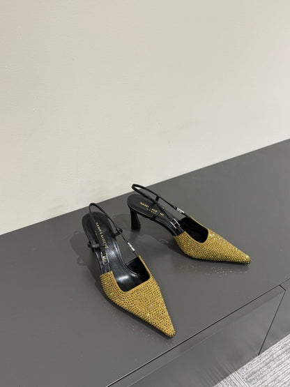 LOUIS VUITTON HIGH SLINGBACKS POINTED-TOE IN METALLIC GOLD LAMBSKIN WITH CRYSTALS