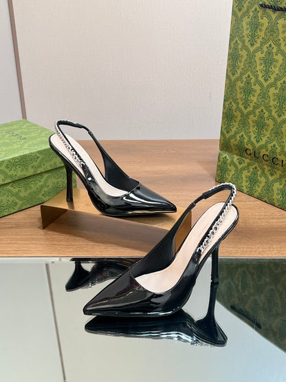 GUCCI SIGNORIA SLINGBACK PUMP GLOSSY BLACK LAMBSKIN