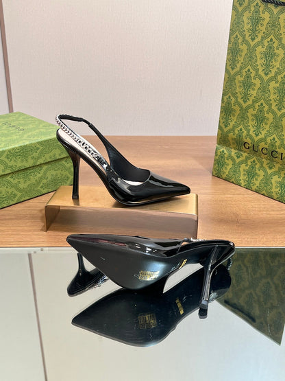 GUCCI SIGNORIA SLINGBACK PUMP GLOSSY BLACK LAMBSKIN