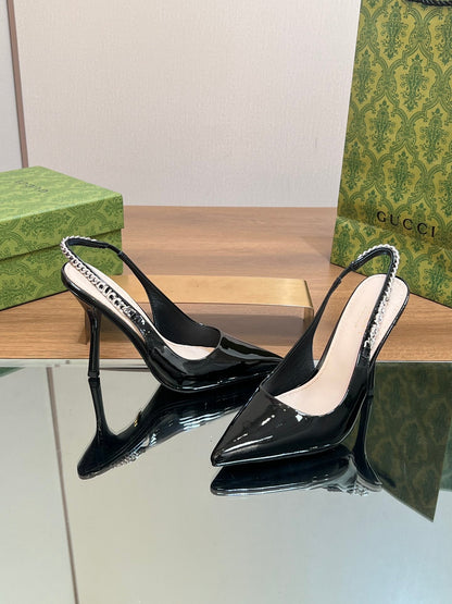 GUCCI SIGNORIA SLINGBACK PUMP GLOSSY BLACK LAMBSKIN