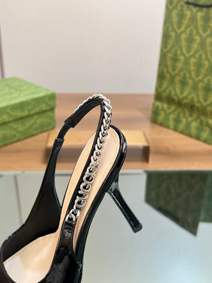 GUCCI SIGNORIA SLINGBACK PUMP GLOSSY BLACK LAMBSKIN