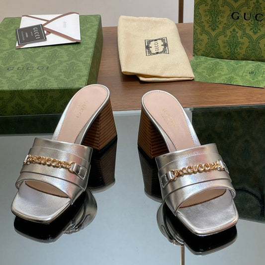 GUCCI SIGNORIA SLIDE SANDAL SILVER DENIM