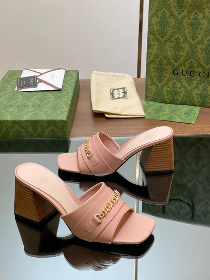 GUCCI SIGNORIA SLIDE SANDAL PASTEL PINK DENIM