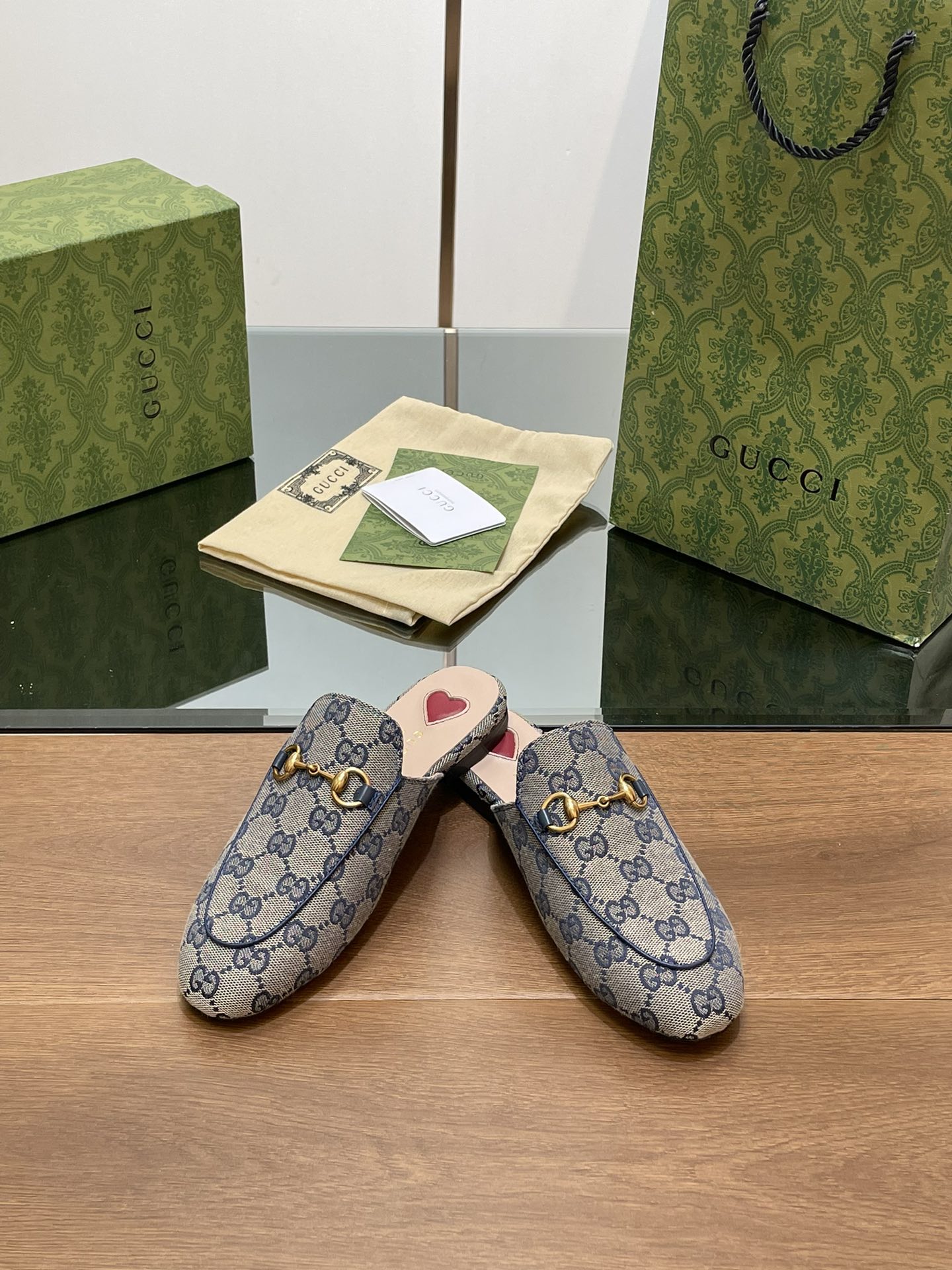 GUCCI PRINCETOWN MULES LIGHT GRAY FABRIC