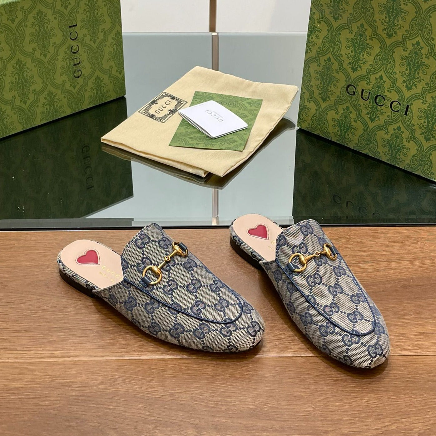 GUCCI PRINCETOWN MULES LIGHT GRAY FABRIC