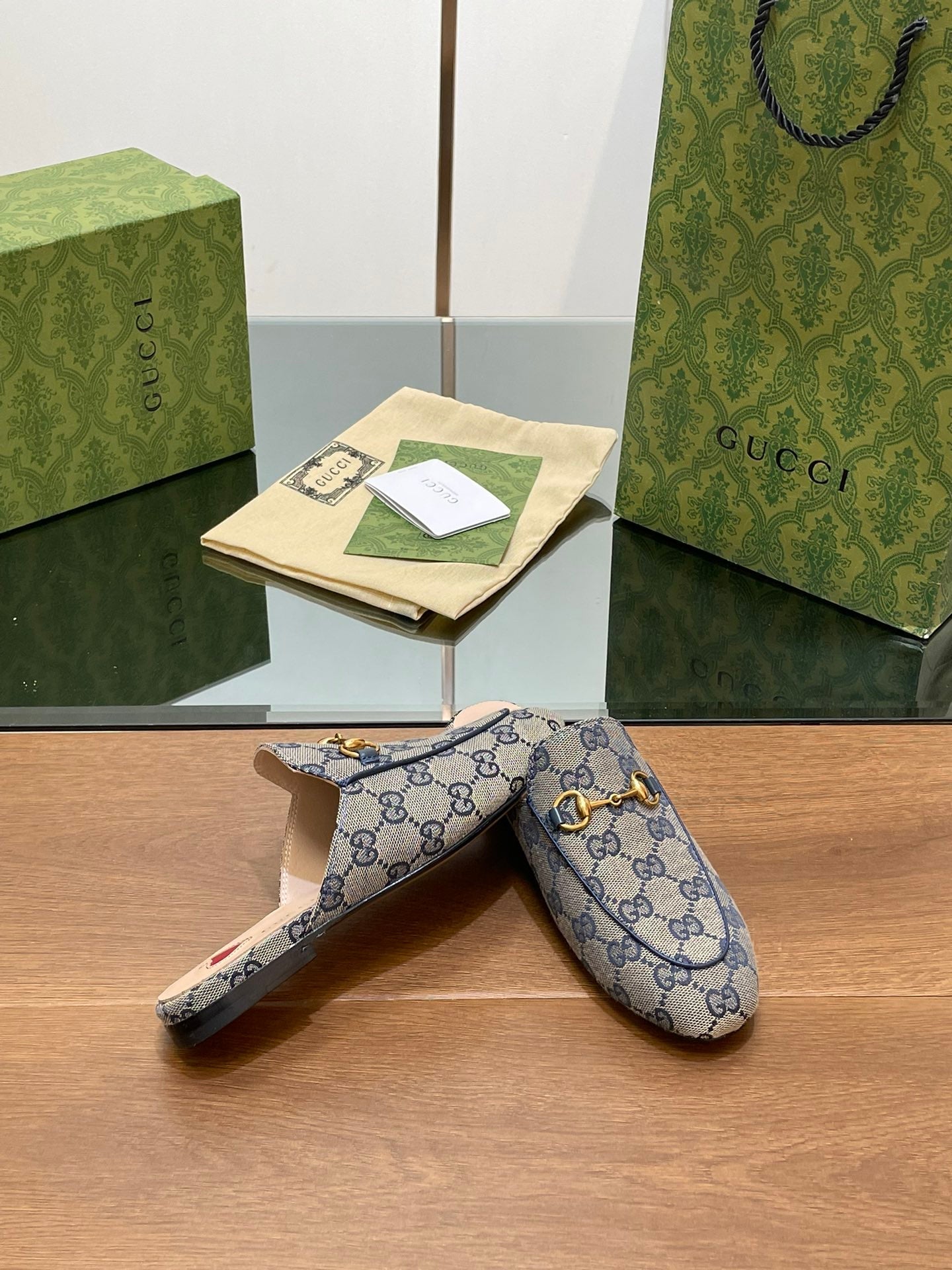 GUCCI PRINCETOWN MULES LIGHT GRAY FABRIC