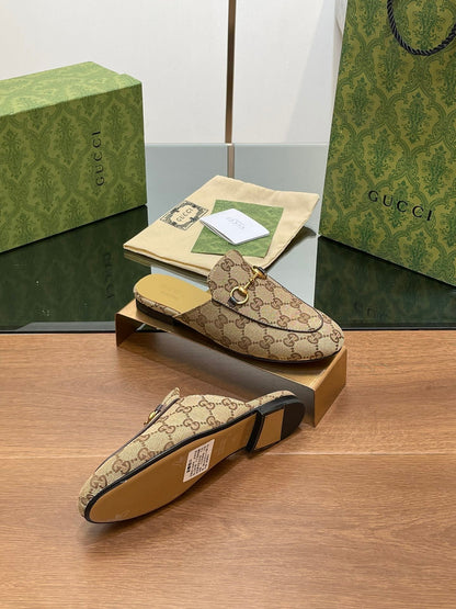 GUCCI PRINCETOWN MULES LIGHT BROWN FABRIC