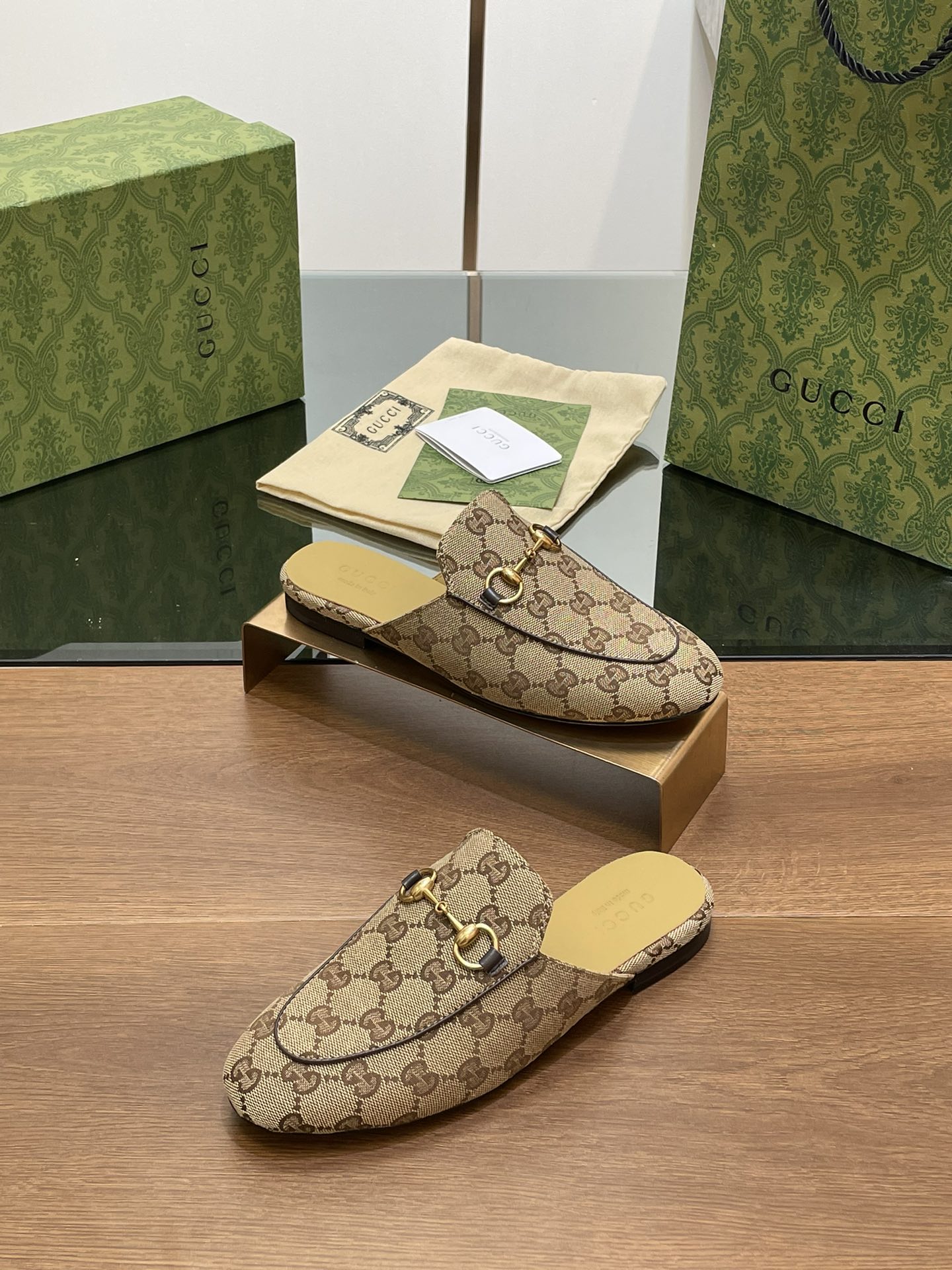 GUCCI PRINCETOWN MULES LIGHT BROWN FABRIC