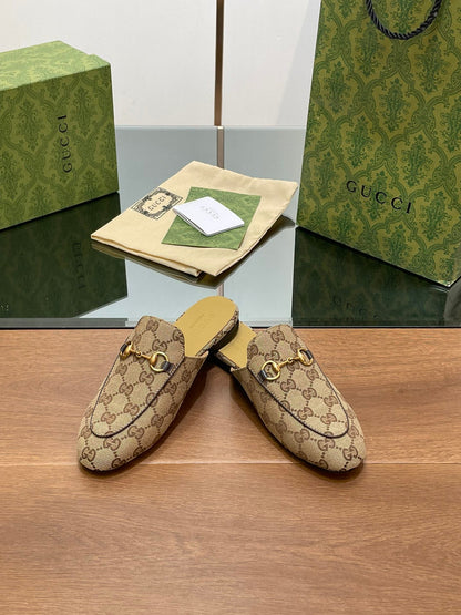 GUCCI PRINCETOWN MULES LIGHT BROWN FABRIC