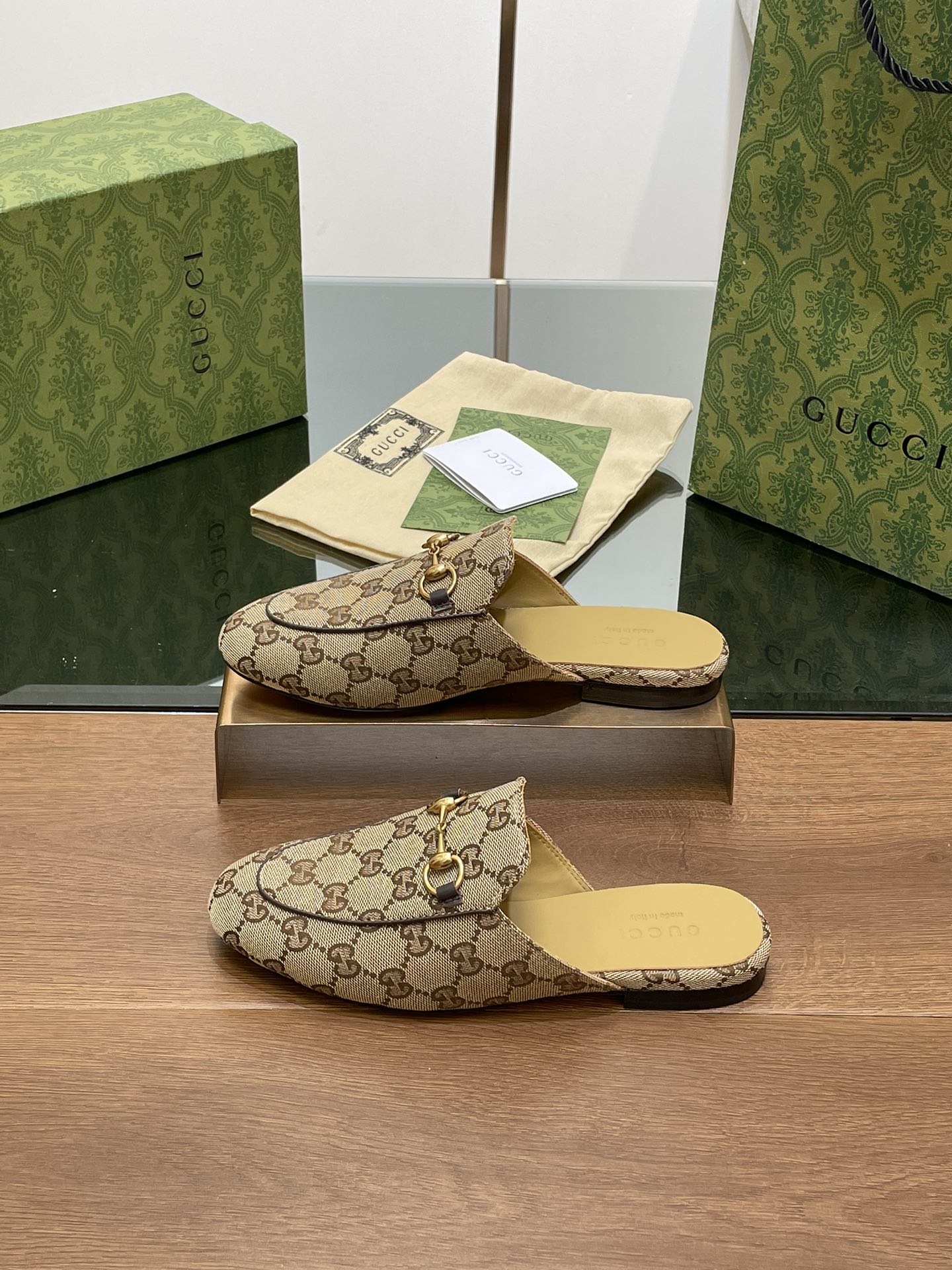 GUCCI PRINCETOWN MULES LIGHT BROWN FABRIC