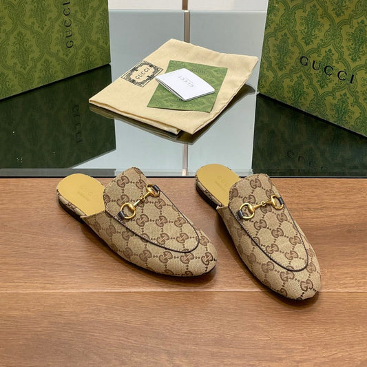 GUCCI PRINCETOWN MULES LIGHT BROWN FABRIC