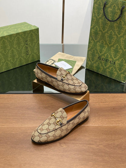 GUCCI JORDAAN LOAFER LIGHT BROWN WOVEN FABRIC