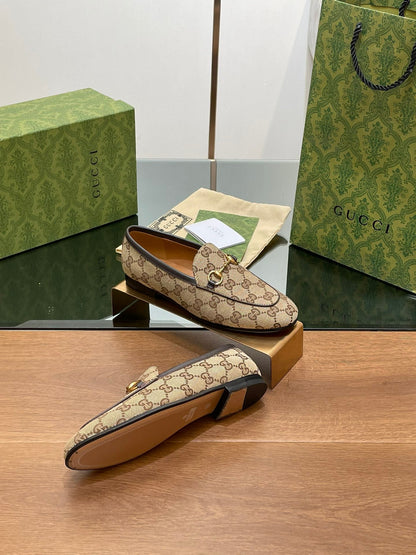 GUCCI JORDAAN LOAFER LIGHT BROWN WOVEN FABRIC