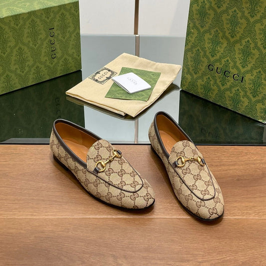 GUCCI JORDAAN LOAFER LIGHT BROWN WOVEN FABRIC