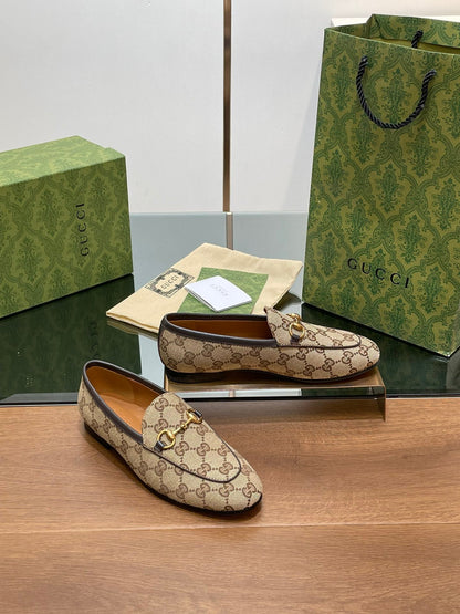 GUCCI JORDAAN LOAFER LIGHT BROWN WOVEN FABRIC