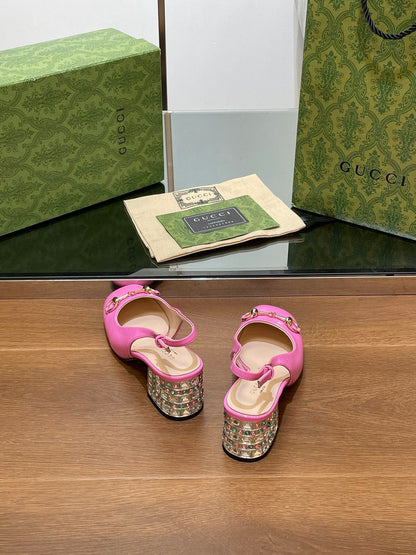GUCCI WOMEN'S HORSEBIT SLINGBACK 55MM IN FUSCIA PINK CALFSKIN WITH RHINSTONES