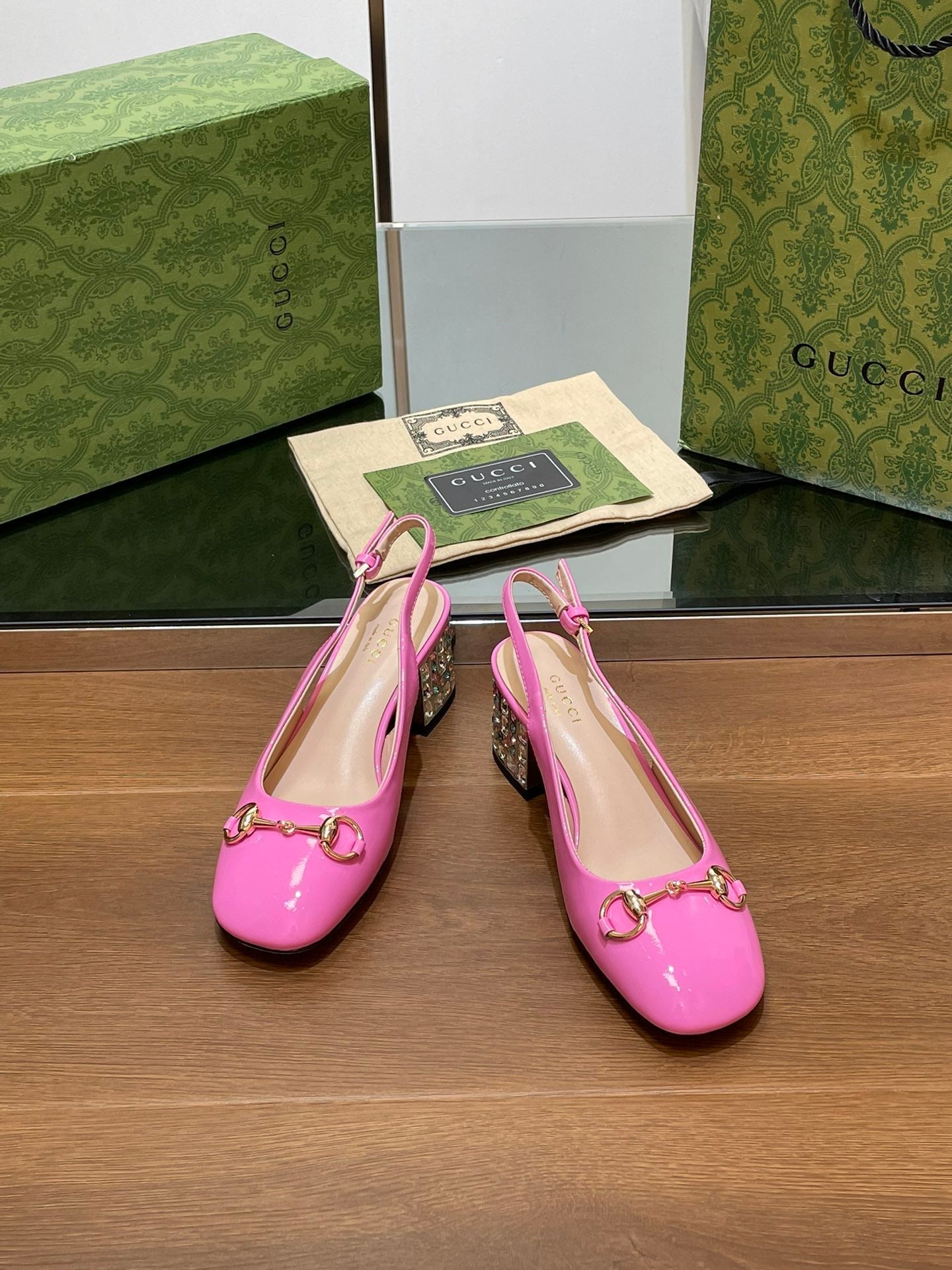 GUCCI WOMEN'S HORSEBIT SLINGBACK 55MM IN FUSCIA PINK CALFSKIN WITH RHINSTONES