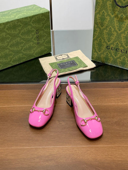 GUCCI WOMEN'S HORSEBIT SLINGBACK 55MM IN FUSCIA PINK CALFSKIN WITH RHINSTONES