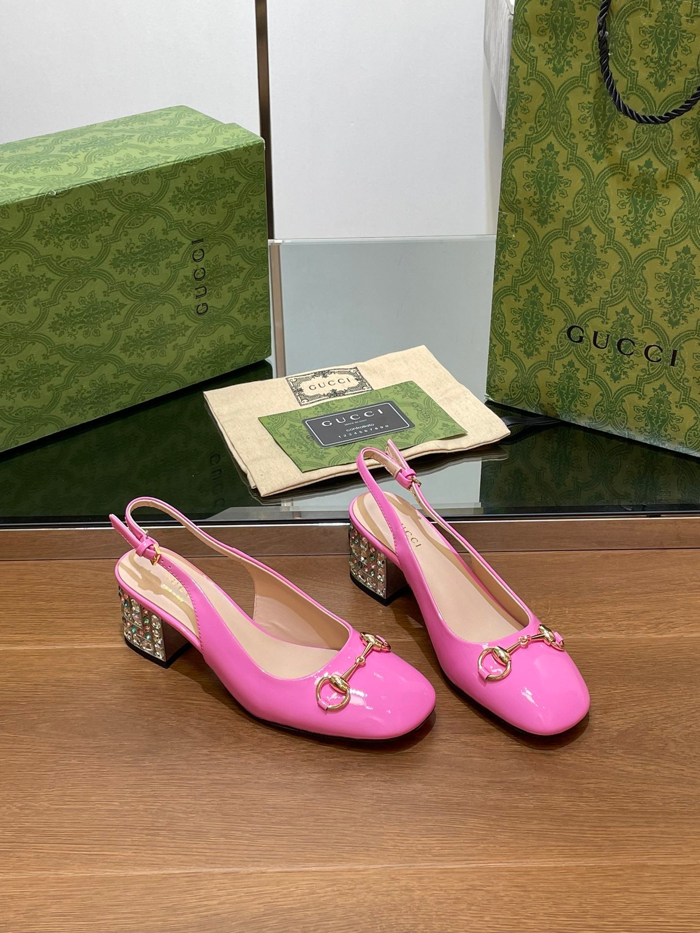 GUCCI WOMEN'S HORSEBIT SLINGBACK 55MM IN FUSCIA PINK CALFSKIN WITH RHINSTONES