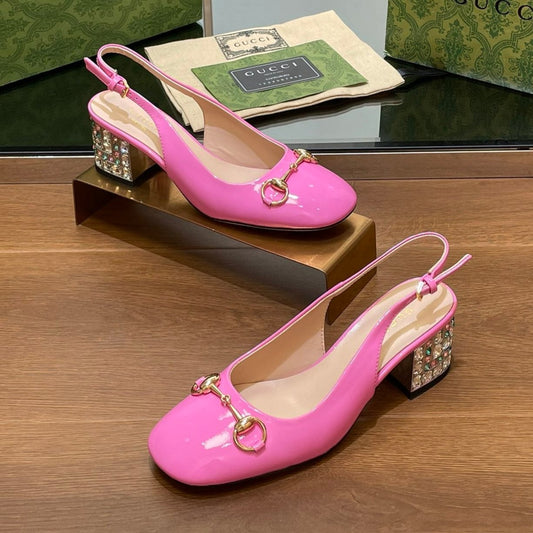 GUCCI WOMEN'S HORSEBIT SLINGBACK 55MM IN FUSCIA PINK CALFSKIN WITH RHINSTONES