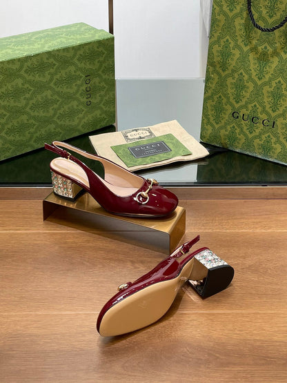 GUCCI WOMEN'S HORSEBIT SLINGBACK 55MM IN WINE RED CALFSKIN WITH RHINSTONES