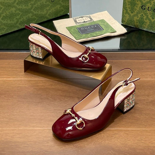 GUCCI WOMEN'S HORSEBIT SLINGBACK 55MM IN WINE RED CALFSKIN WITH RHINSTONES