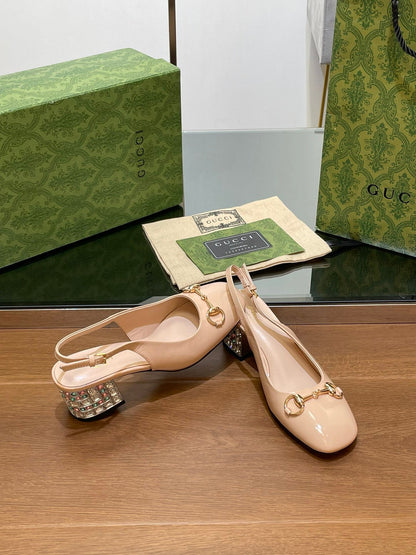 GUCCI WOMEN'S HORSEBIT SLINGBACK 55MM IN TAN BEIGE CALFSKIN WITH RHINSTONES