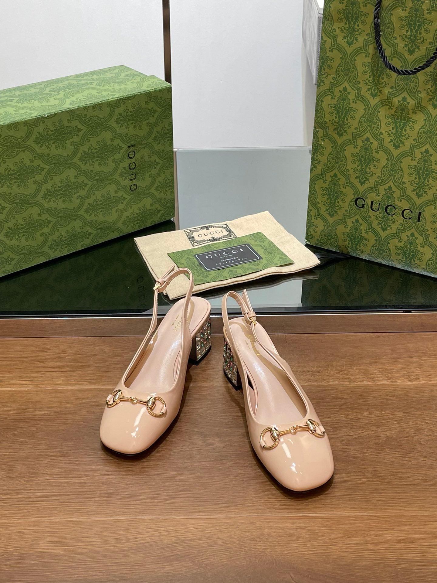 GUCCI WOMEN'S HORSEBIT SLINGBACK 55MM IN TAN BEIGE CALFSKIN WITH RHINSTONES