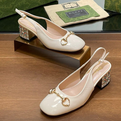 GUCCI WOMEN'S HORSEBIT SLINGBACK 55MM IN WHITE CALFSKIN WITH RHINSTONES