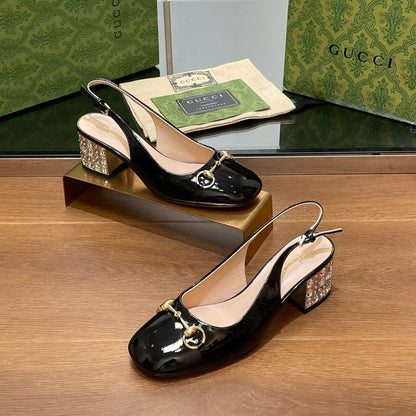 GUCCI WOMEN'S HORSEBIT SLINGBACK 55MM IN BLACK CALFSKIN WITH RHINSTONES