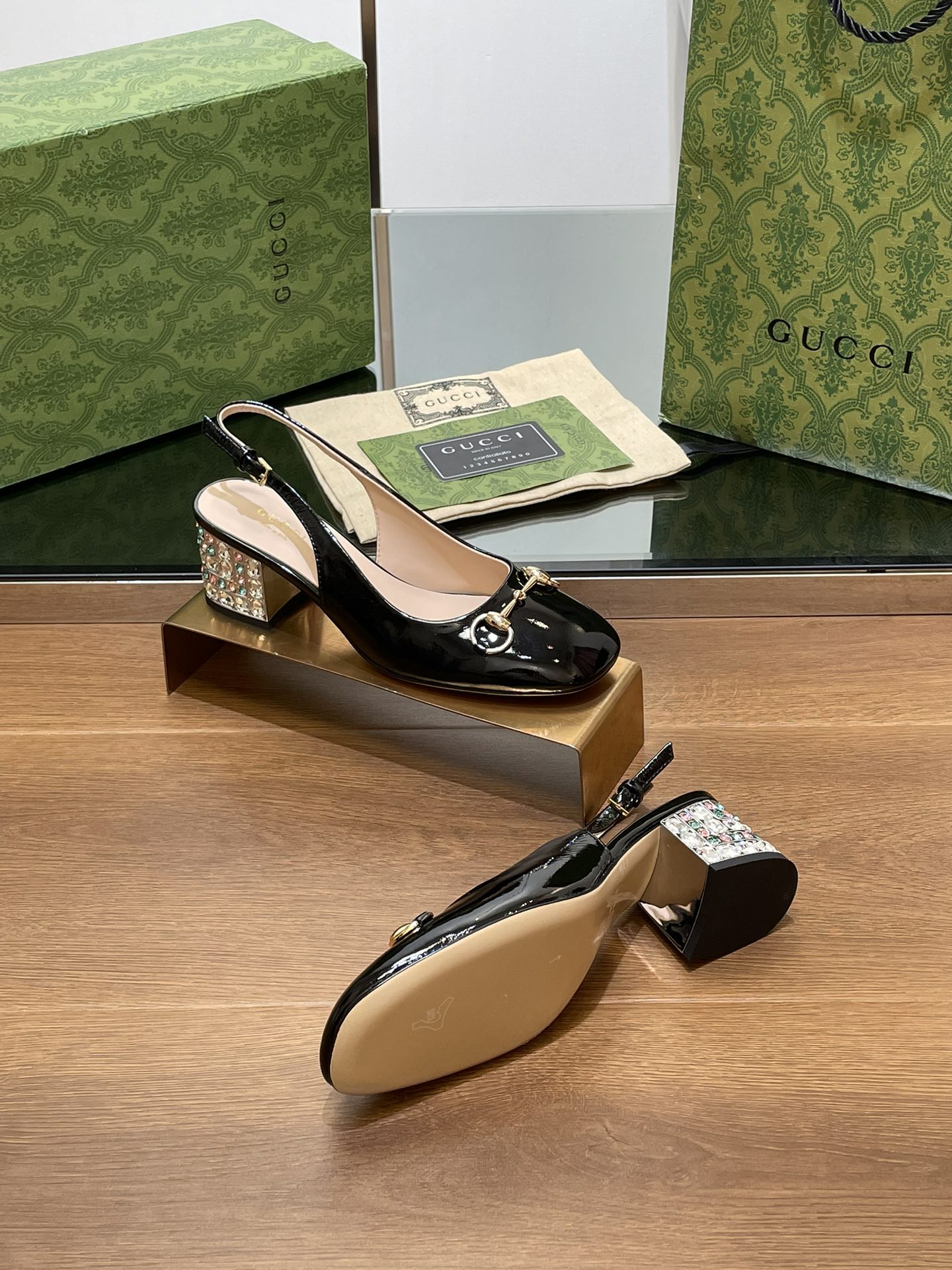 GUCCI WOMEN'S HORSEBIT SLINGBACK 55MM IN BLACK CALFSKIN WITH RHINSTONES
