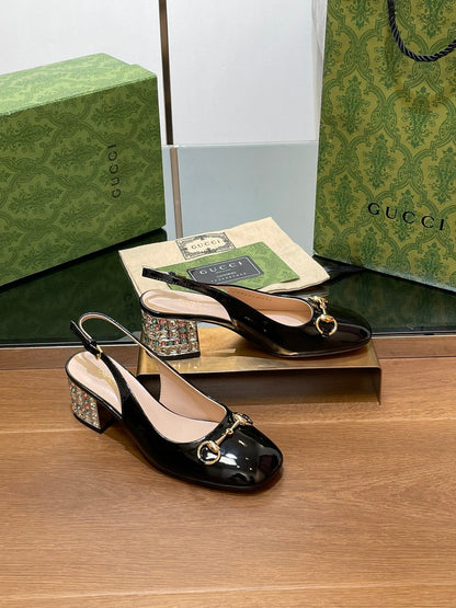 GUCCI WOMEN'S HORSEBIT SLINGBACK 55MM IN BLACK CALFSKIN WITH RHINSTONES