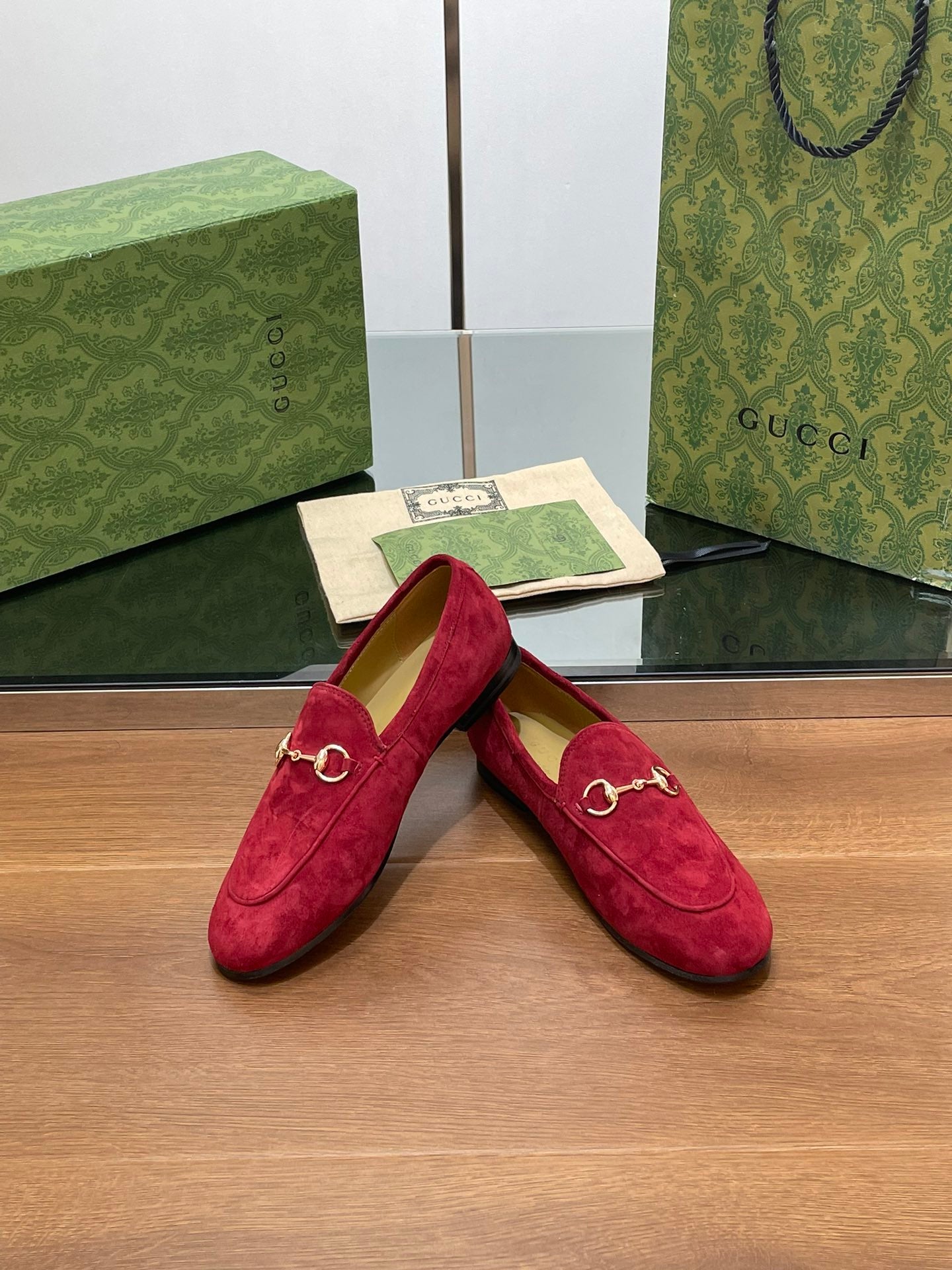 GUCCI HORSEBIT LOAFER IN CHERRY RED SUEDE WITH GOLD HARDWARE