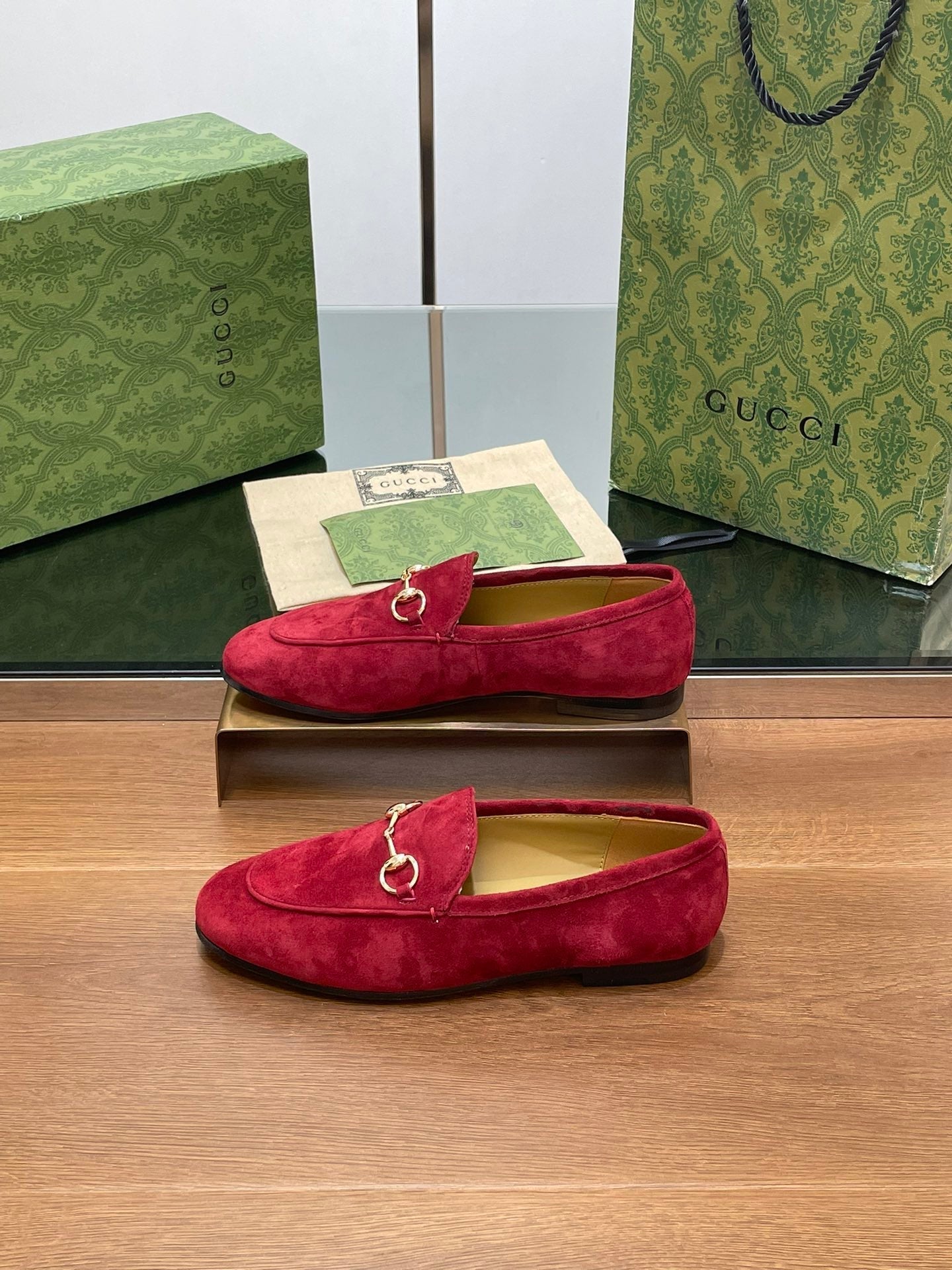 GUCCI HORSEBIT LOAFER IN CHERRY RED SUEDE WITH GOLD HARDWARE