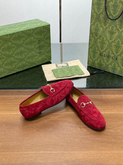 GUCCI HORSEBIT LOAFER IN CHERRY RED SUEDE WITH GOLD HARDWARE