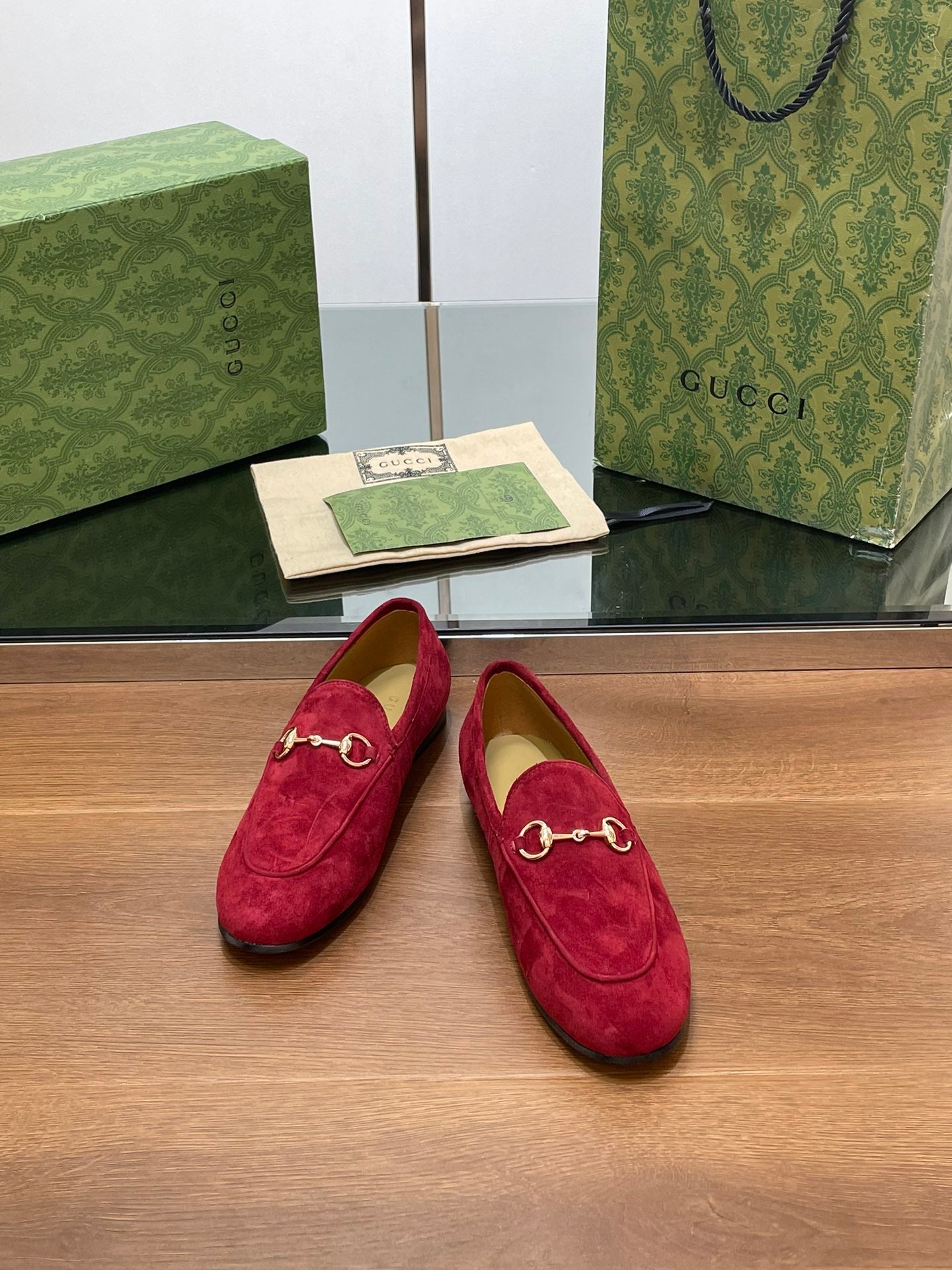 GUCCI HORSEBIT LOAFER IN CHERRY RED SUEDE WITH GOLD HARDWARE