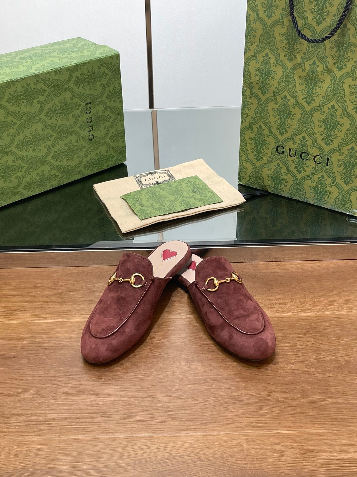 GUCCI HORSEBIT MULE IN UMBER BROWN SUEDE WITH GOLD HARDWARE