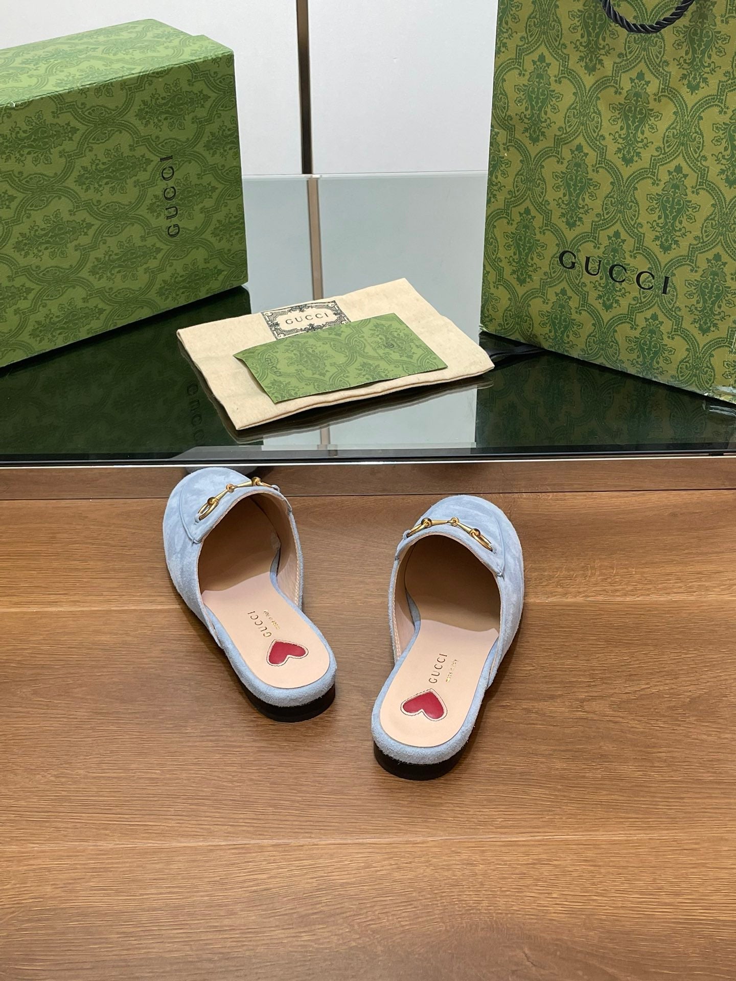 GUCCI HORSEBIT MULE IN LIGHT BLUE SUEDE WITH GOLD HARDWARE