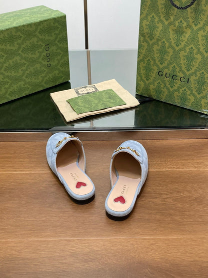 GUCCI HORSEBIT MULE IN LIGHT BLUE SUEDE WITH GOLD HARDWARE