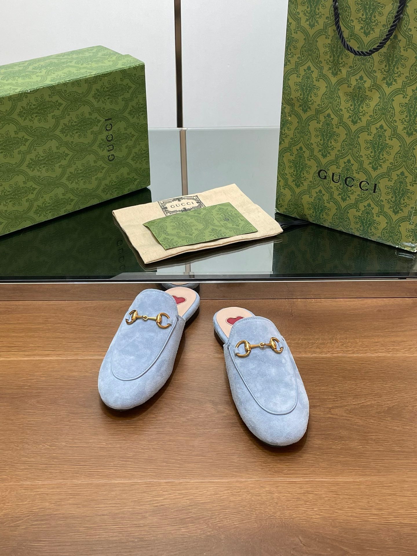 GUCCI HORSEBIT MULE IN LIGHT BLUE SUEDE WITH GOLD HARDWARE