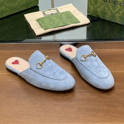GUCCI HORSEBIT MULE IN LIGHT BLUE SUEDE WITH GOLD HARDWARE
