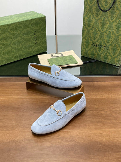 GUCCI HORSEBIT LOAFER IN LIGHT BLUE SUEDE WITH GOLD HARDWARE