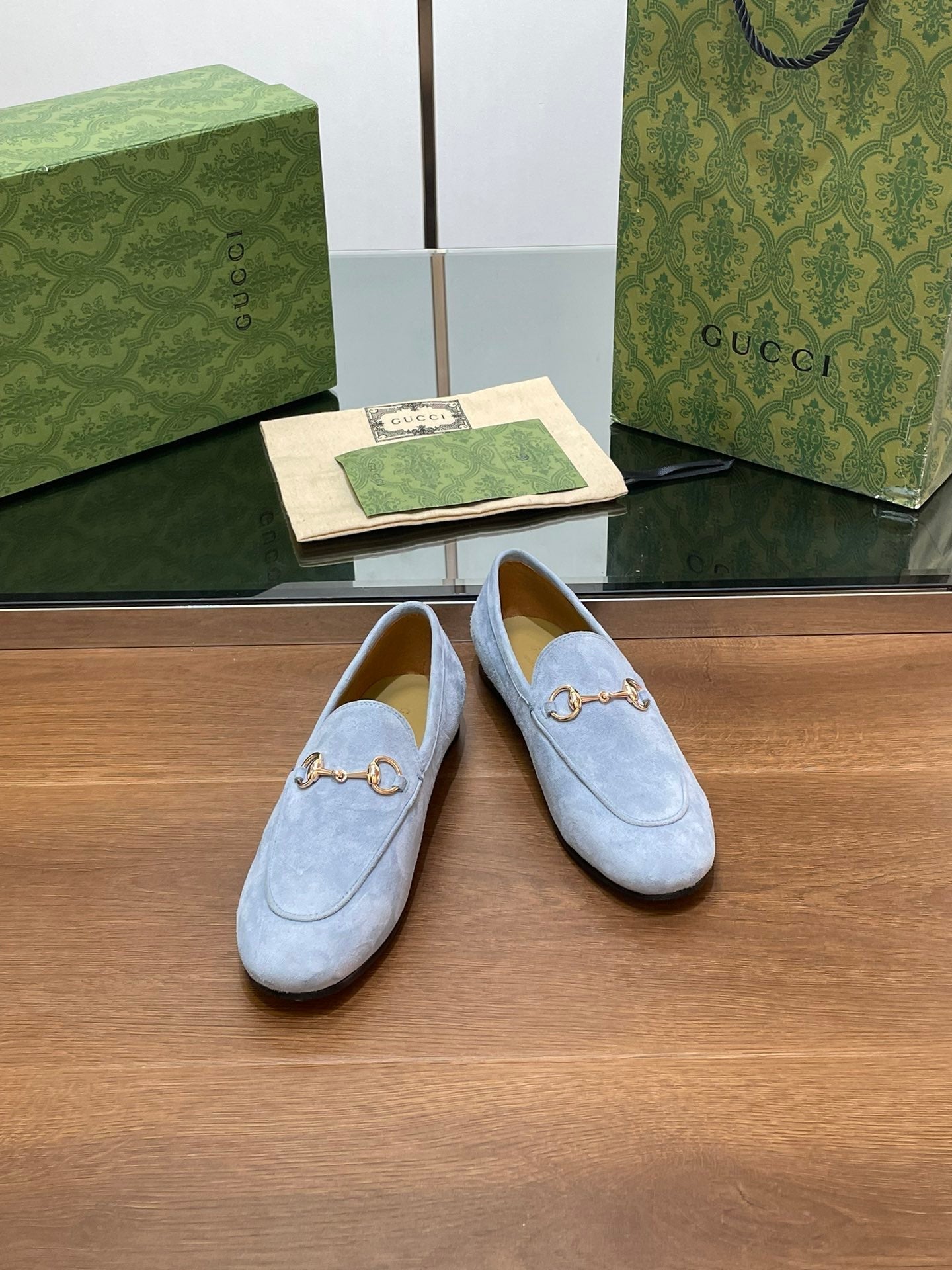 GUCCI HORSEBIT LOAFER IN LIGHT BLUE SUEDE WITH GOLD HARDWARE