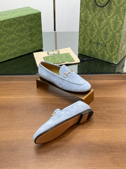 GUCCI HORSEBIT LOAFER IN LIGHT BLUE SUEDE WITH GOLD HARDWARE